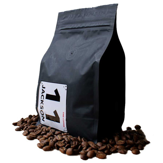 Coffee bag with a label on a white background